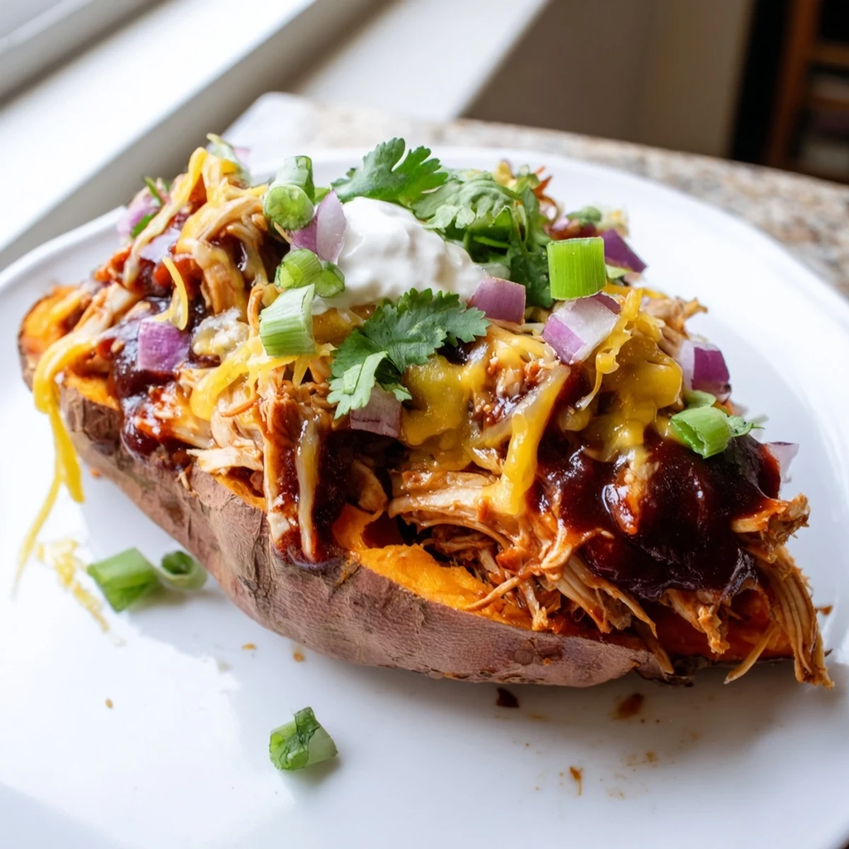 Oven roasted sweet potato split open and piled high with saucy BBQ chicken stuffed sweet potatoes filling
