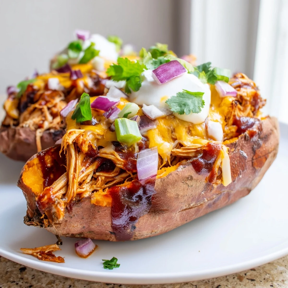 BBQ chicken stuffed sweet potatoes topped with melted cheddar cheese and fresh green onion garnish
