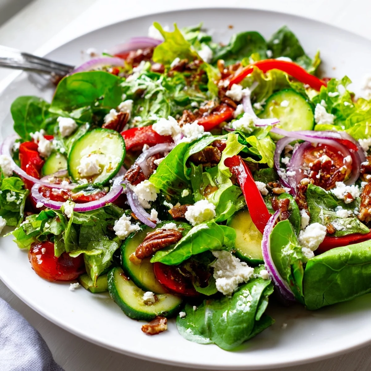 Fresh spring mix salad with cherry tomatoes, cucumber, and tangy balsamic vinaigrette