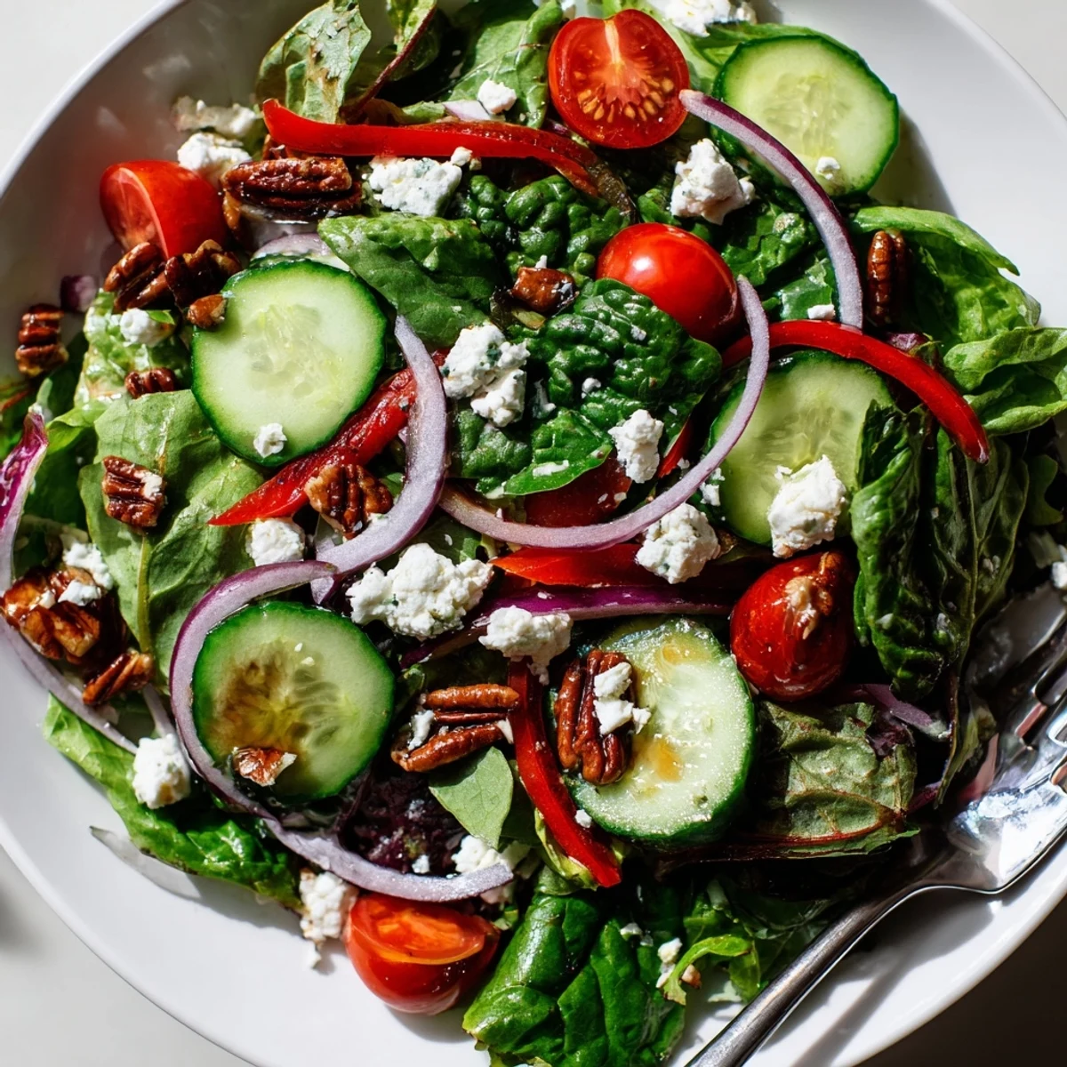 Crisp spring mix salad topped with crumbled feta, toasted pecans, and colorful vegetables