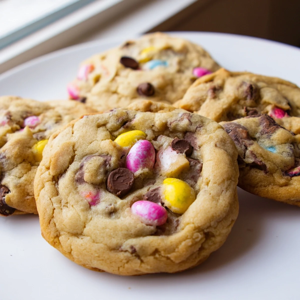 Soft chewy Cadbury Egg Cookies with colorful mini chocolate eggs on rustic baking sheet