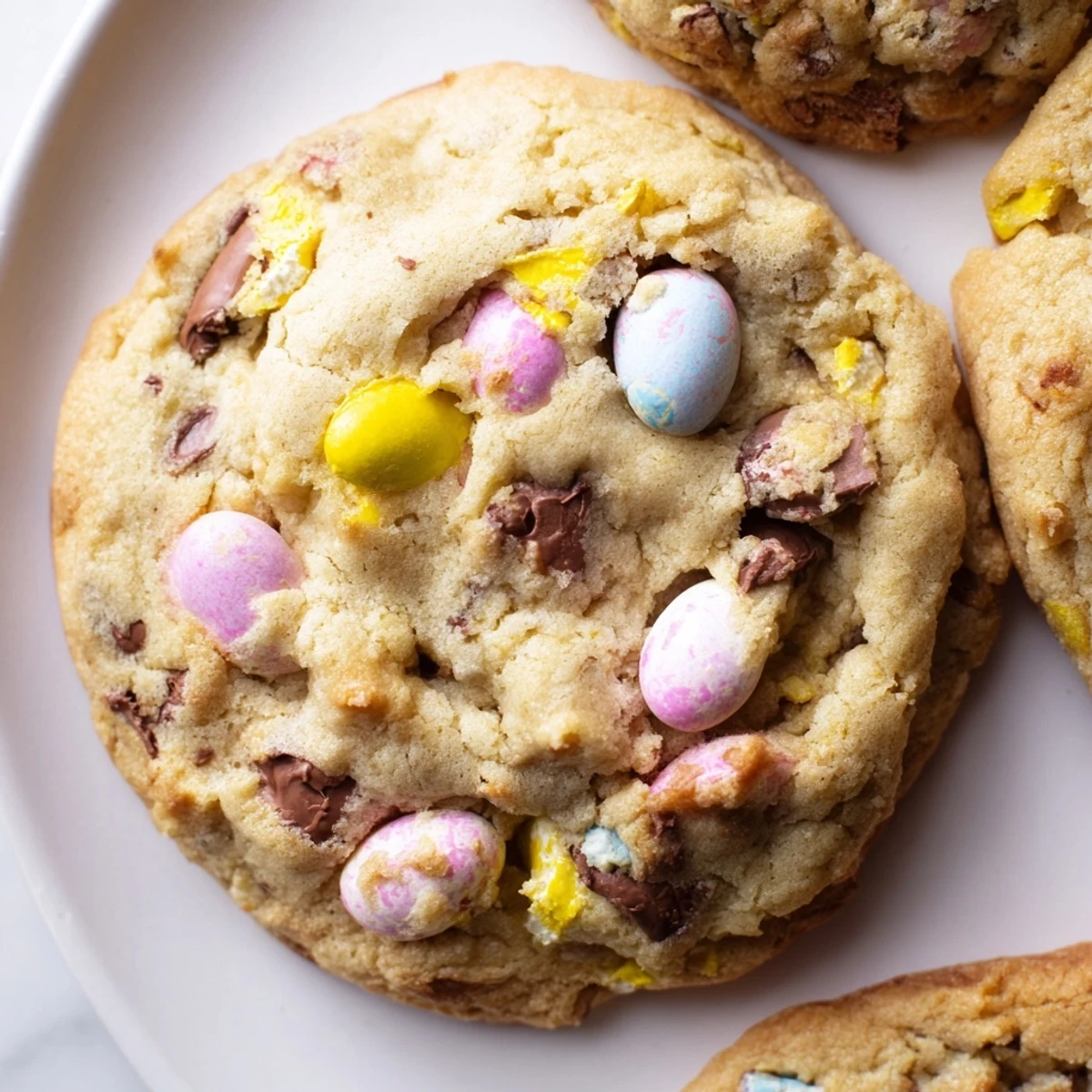 Golden brown Cadbury Egg Cookies studded with pastel candy pieces served warm