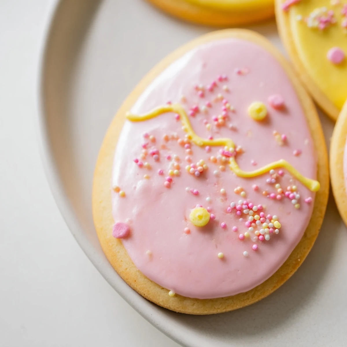 Colorful Spring Easter cookies decorated with soft pastel icing on a rustic white serving board