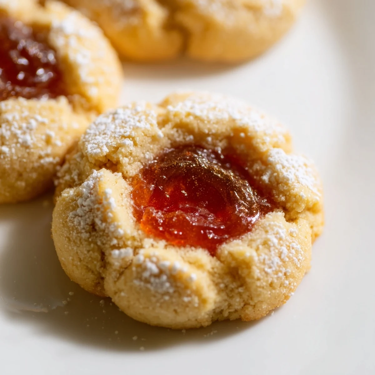 Golden Flower Jam Thumbprint Cookies with glossy jewel-toned centers on a rustic white serving plate