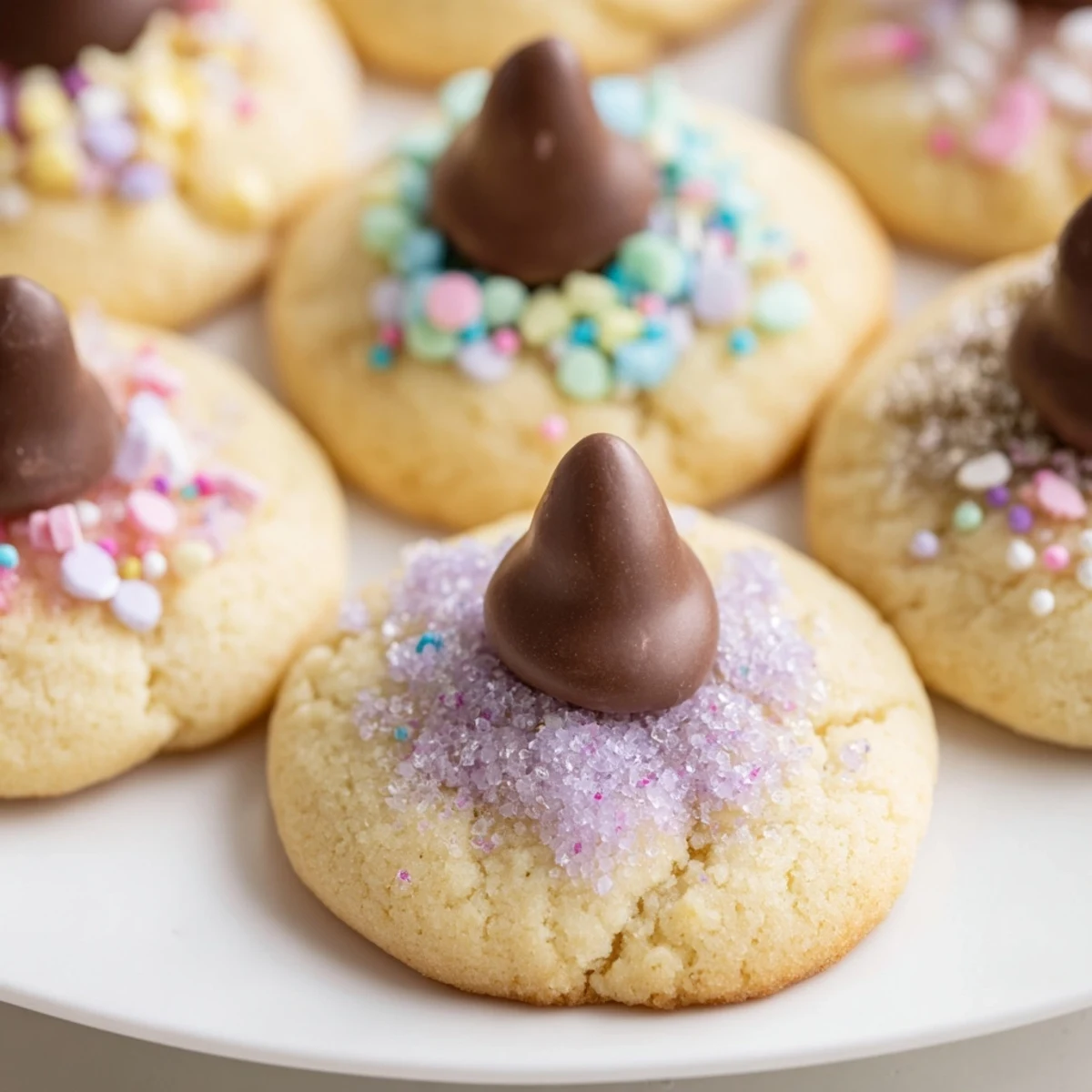 Soft Easter Blossom cookies topped with chocolate kisses and pastel sprinkles on a rustic baking sheet.