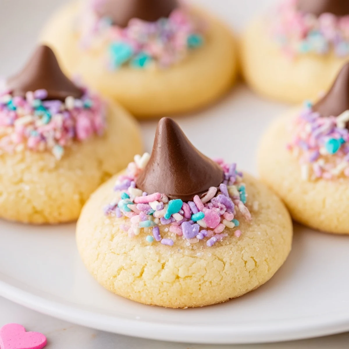 Golden Easter Blossom cookies with colorful candy kisses and festive spring sprinkles arranged on a white platter.