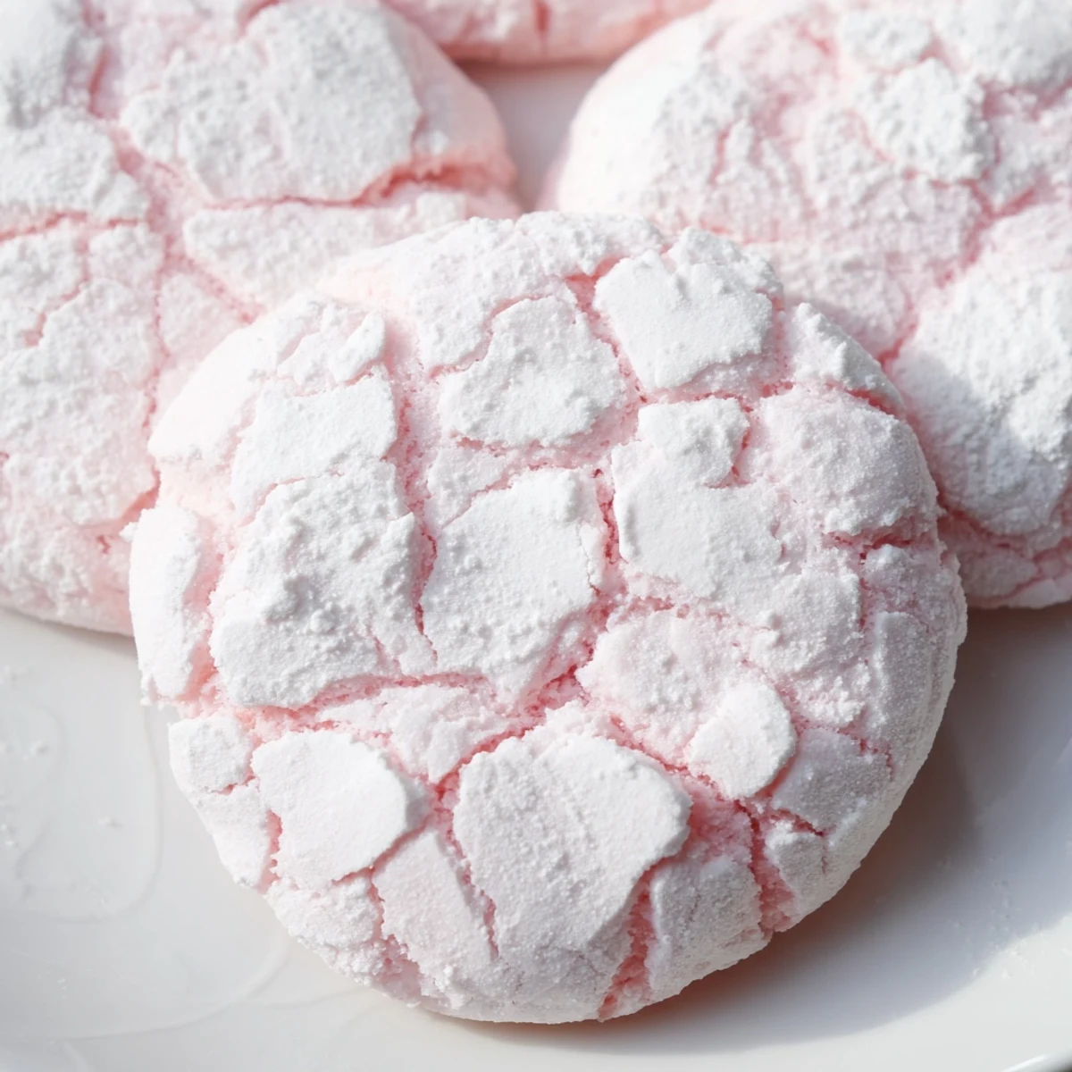 Soft pastel crinkle cookies with snowy powdered sugar coating on rustic baking sheet