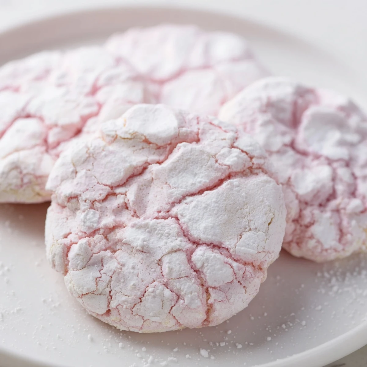 Chewy pastel crinkle cookies showing delicate crackled tops dusted with white powdered sugar