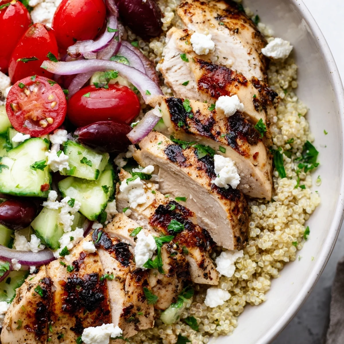 Juicy Mediterranean chicken quinoa bowl topped with fresh vegetables, feta, and olives