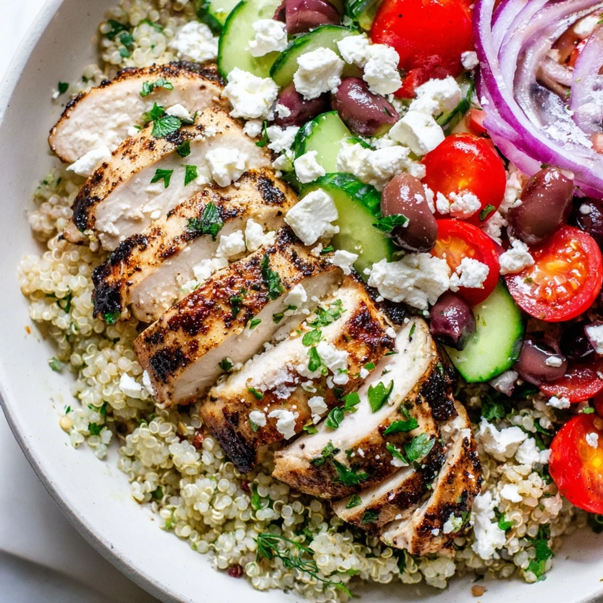 Grilled Mediterranean chicken quinoa bowl with crisp cucumbers, tomatoes, and creamy dressing