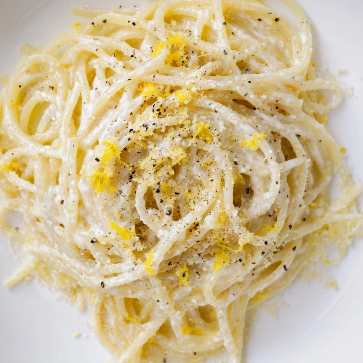 Golden spaghetti coated in zesty Parmesan lemon sauce ready for serving