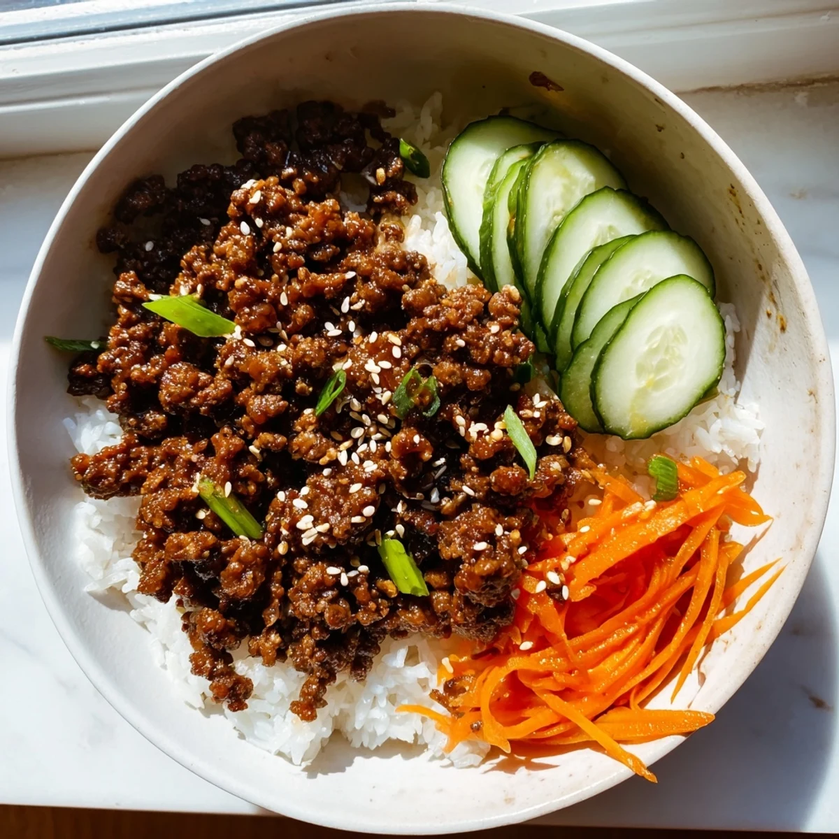 Asian Korean Beef Bowls topped with fresh vegetables and sesame seeds on fluffy white rice