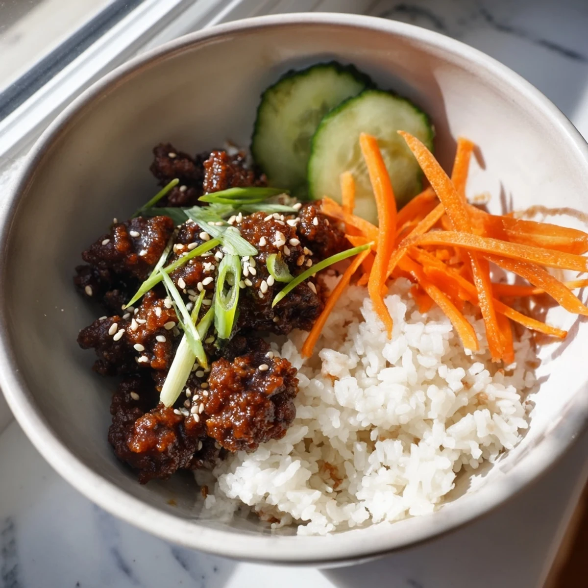 Savory Asian Korean Beef Bowls featuring caramelized ground beef over steamed rice with crisp toppings
