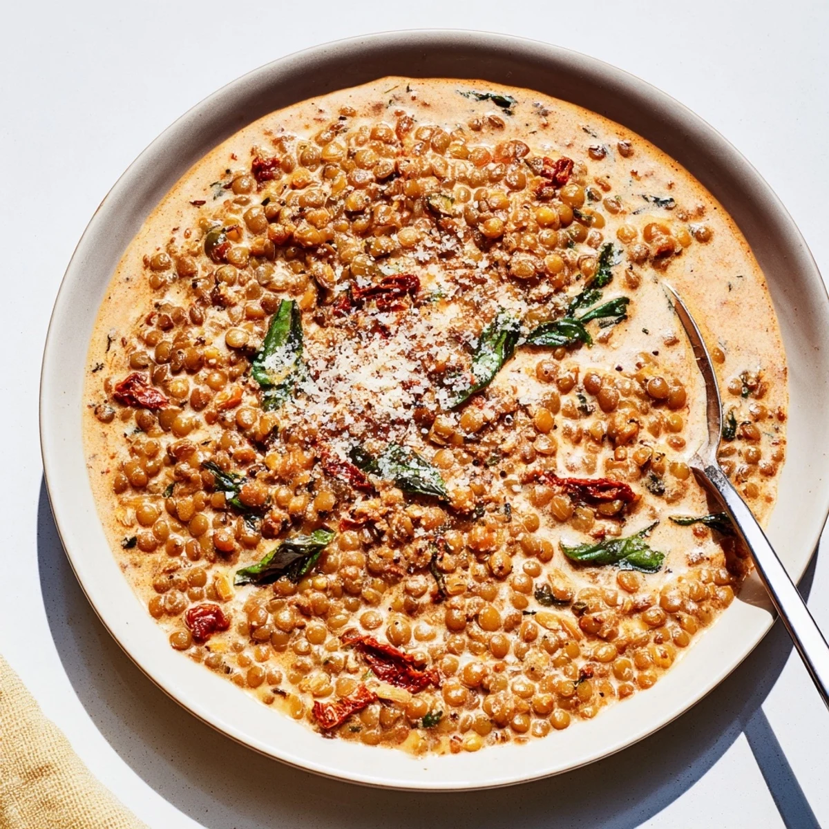 Creamy Marry Me Lentils simmered in rich sun-dried tomato sauce with fresh basil garnish