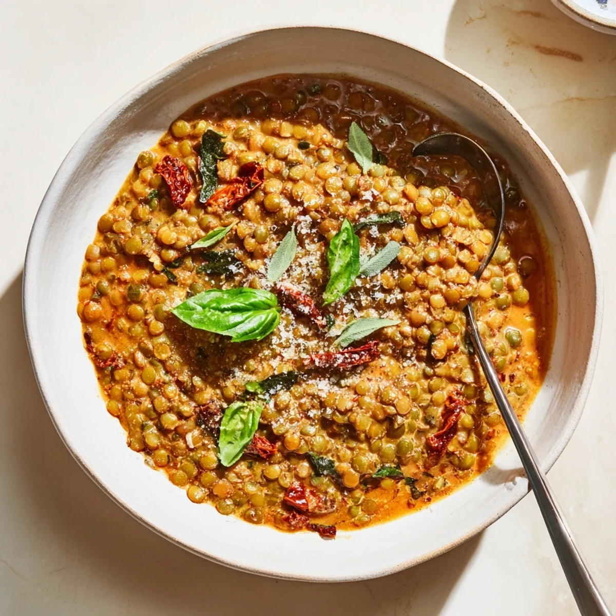 Warm bowl of Marry Me Lentils topped with Parmesan and aromatic herb seasonings