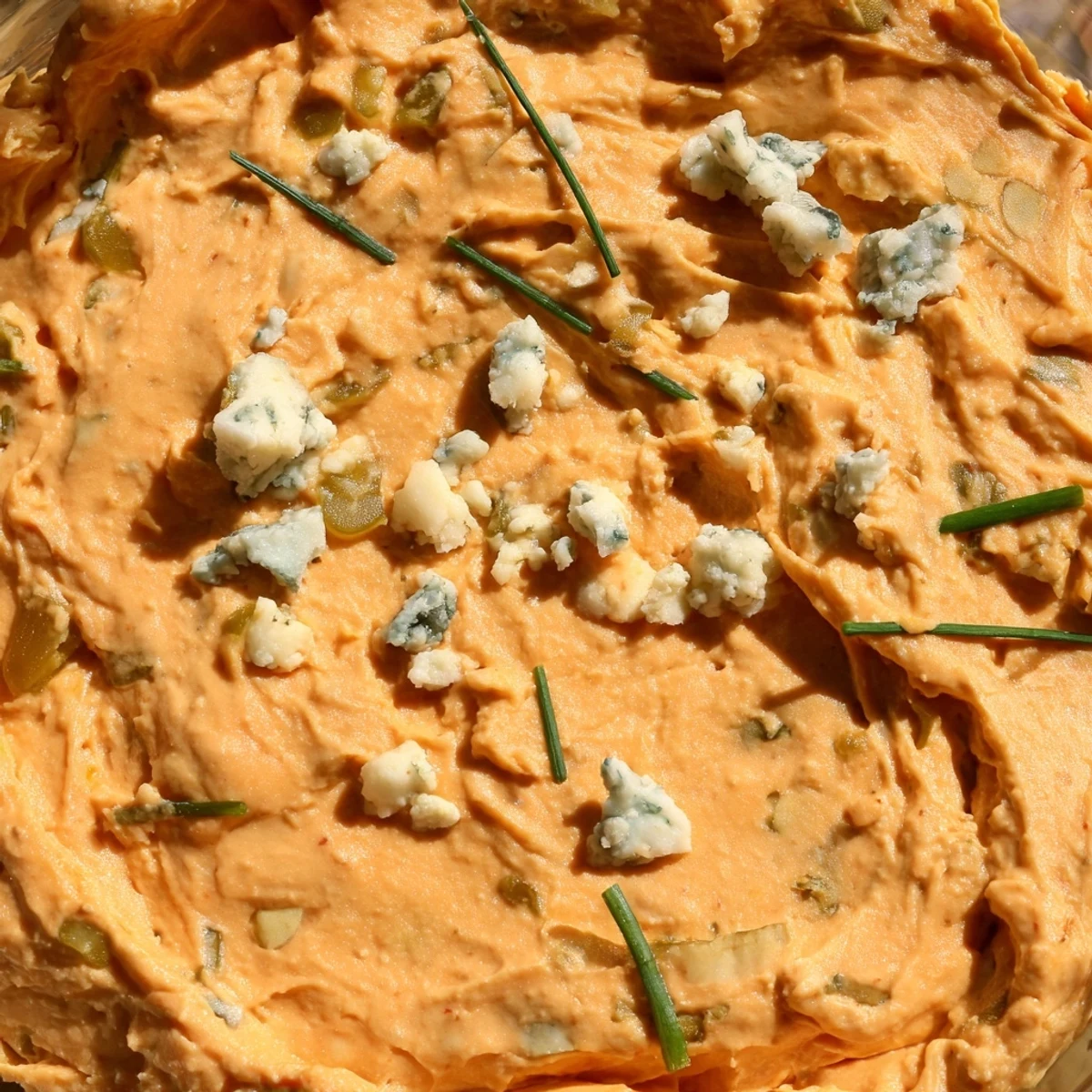 Tangy buffalo pickle dip topped with chopped chives and pickle slices on a rustic board