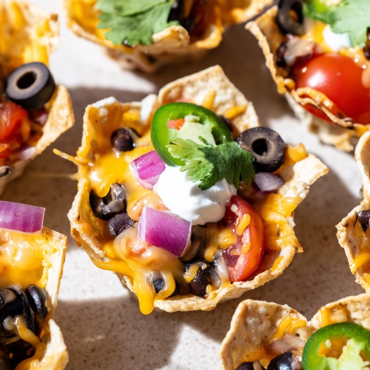 Crispy tortilla cups filled with melted cheese and colorful toppings for cheesy nacho cups appetizer