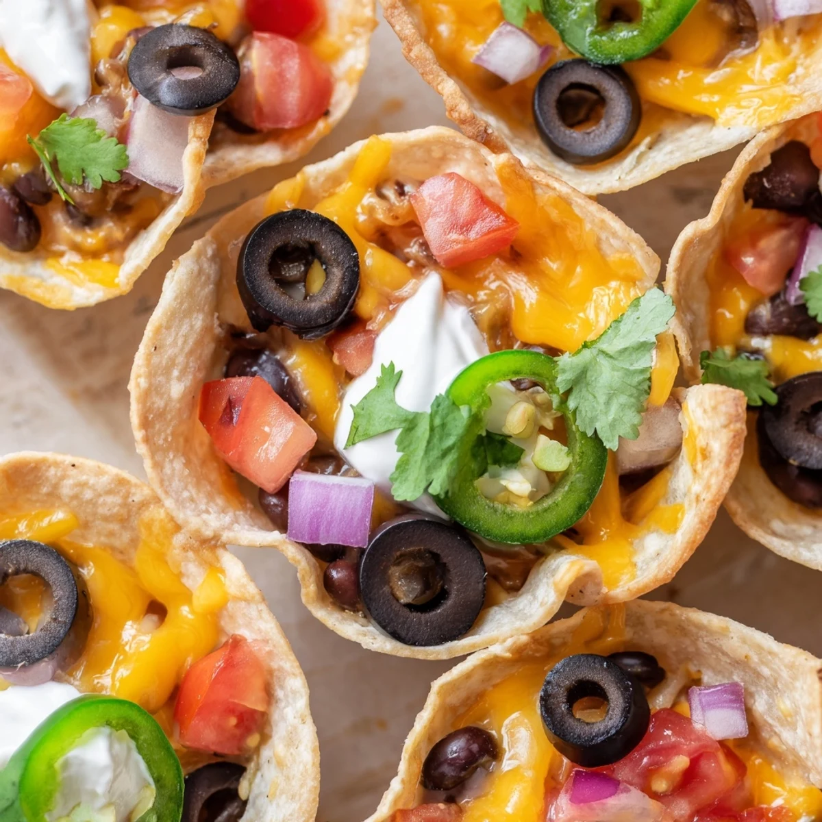Golden baked cheesy nacho cups topped with beans tomatoes and creamy sour cream dollops