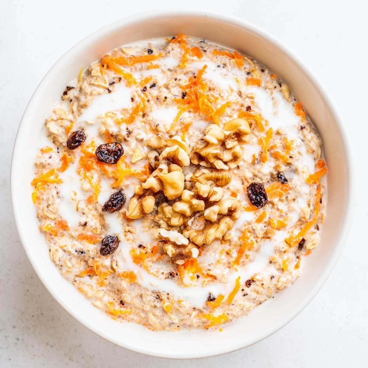Carrot Cake Overnight Oats topped with crunchy walnuts in a glass jar