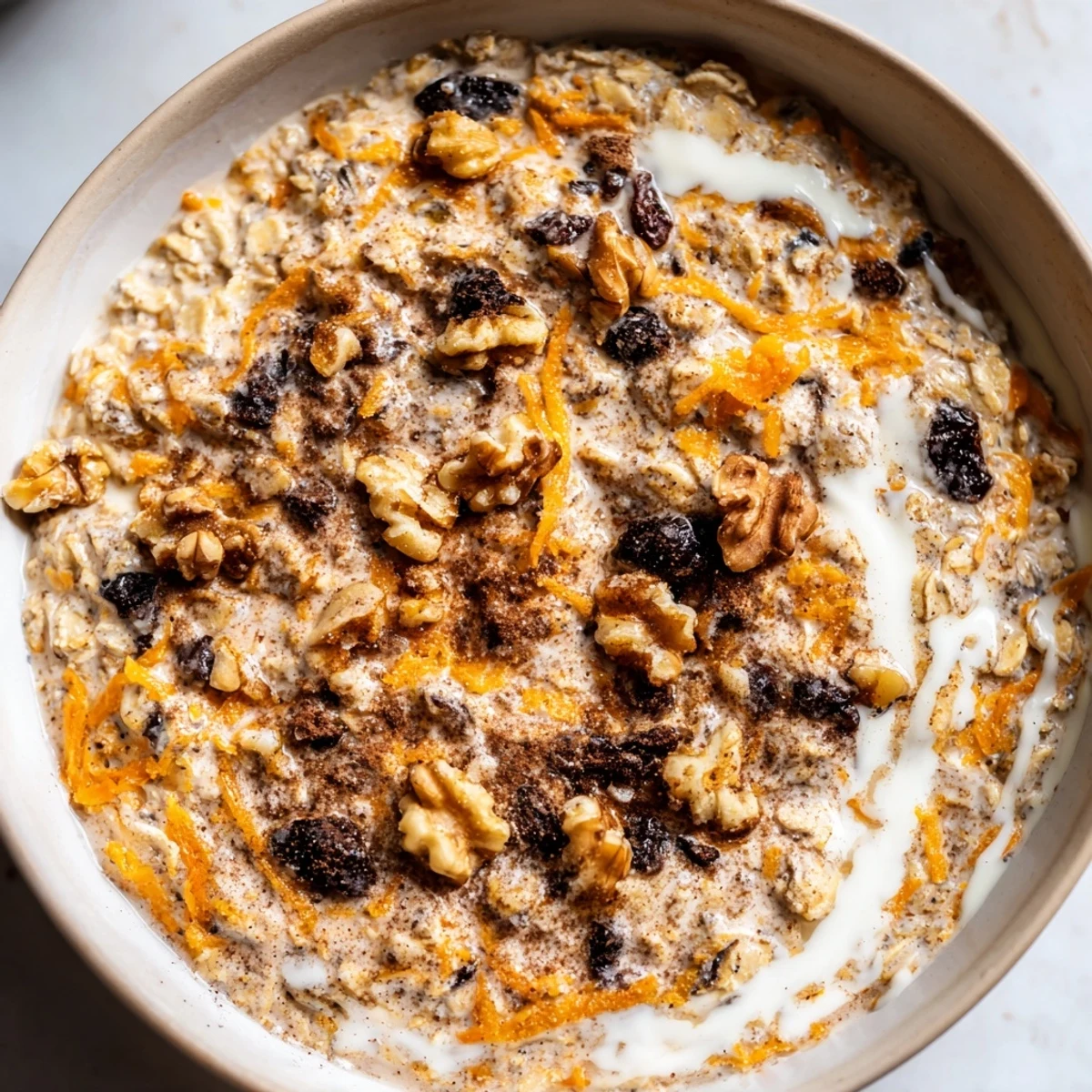 Creamy Carrot Cake Overnight Oats with grated carrots and raisins ready to eat
