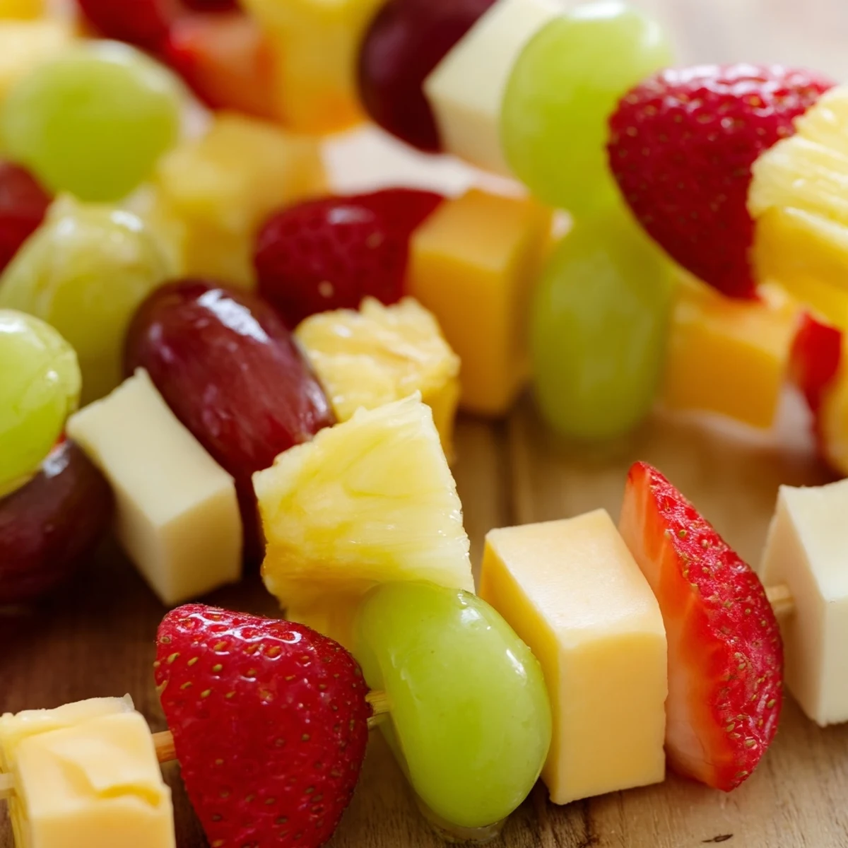 Colorful fruit and cheese kabobs arranged on a platter with grapes, strawberries, and cheddar cubes