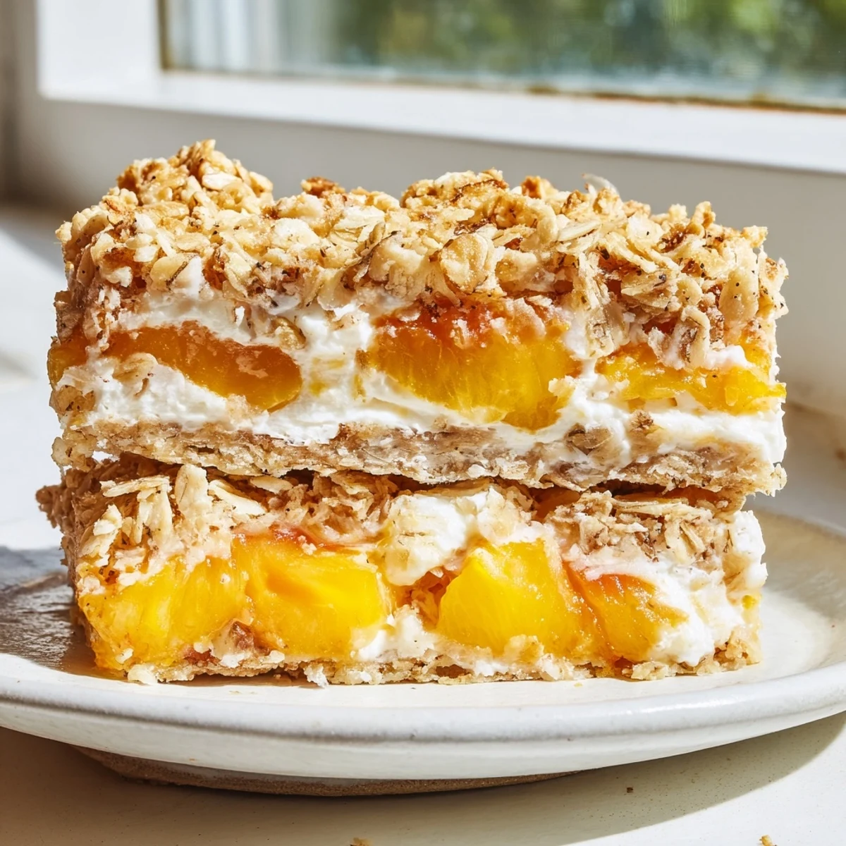 Golden Peaches and Cream Crumble Bars with buttery oat topping on a rustic wooden cutting board