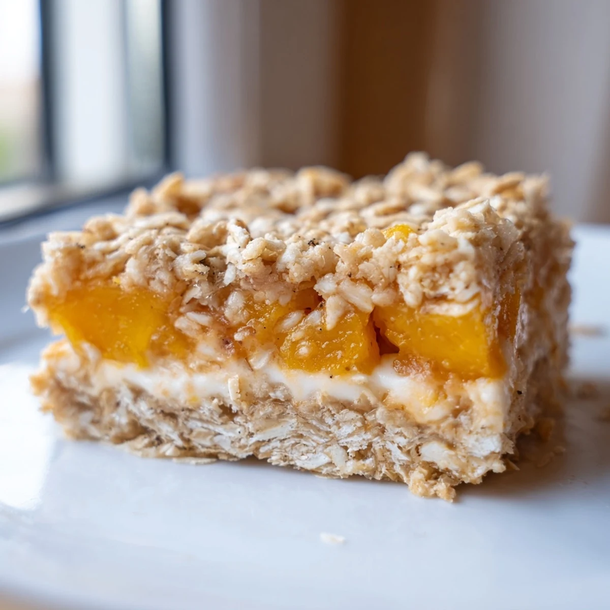 Creamy peach dessert bars with golden crumble topping fresh from the oven on parchment paper