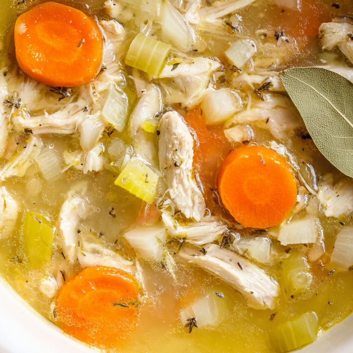 Steaming bowl of Crockpot Lemon Chicken Soup with tender shredded chicken and fresh parsley garnish