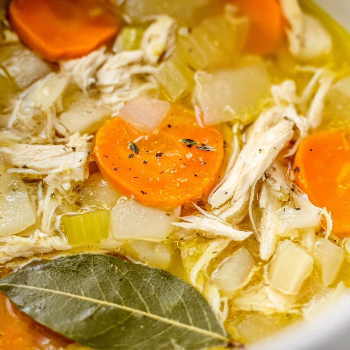 Crockpot Lemon Chicken Soup featuring bright lemon slices carrots and golden broth in white bowl