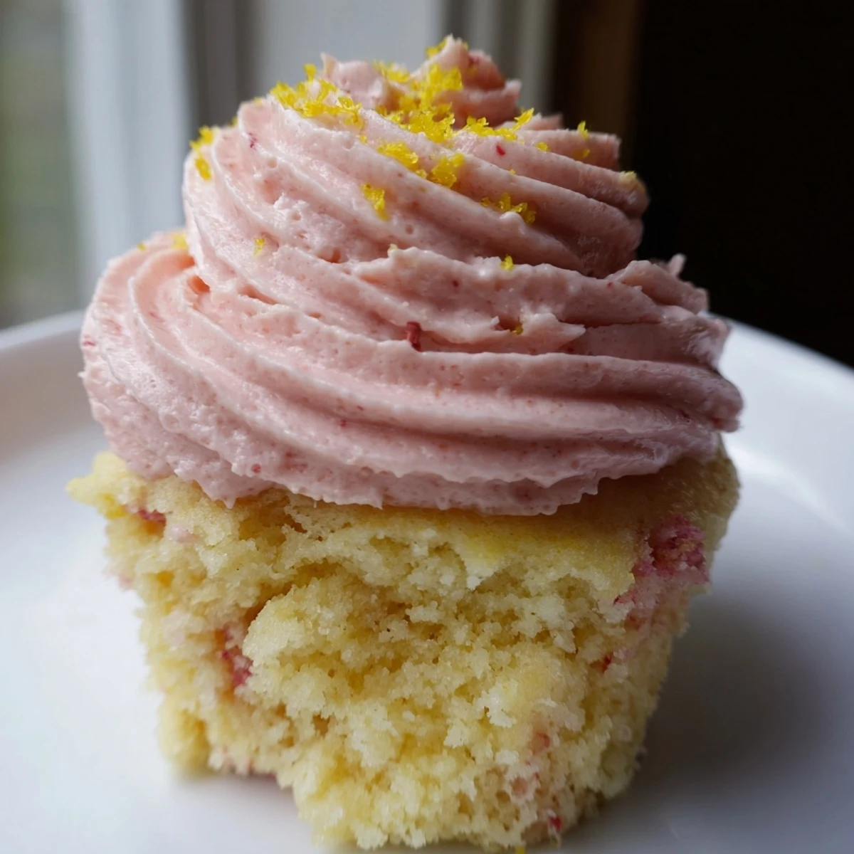 Pink frosted strawberry lemonade cupcakes topped with swirled buttercream on a rustic summer dessert table