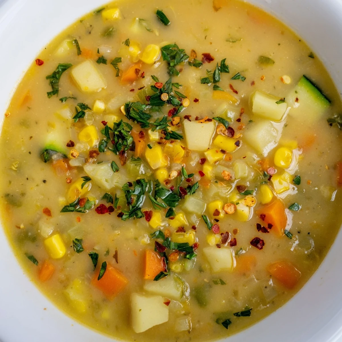 Creamy potato corn zucchini soup served steaming in a rustic bowl with fresh parsley garnish