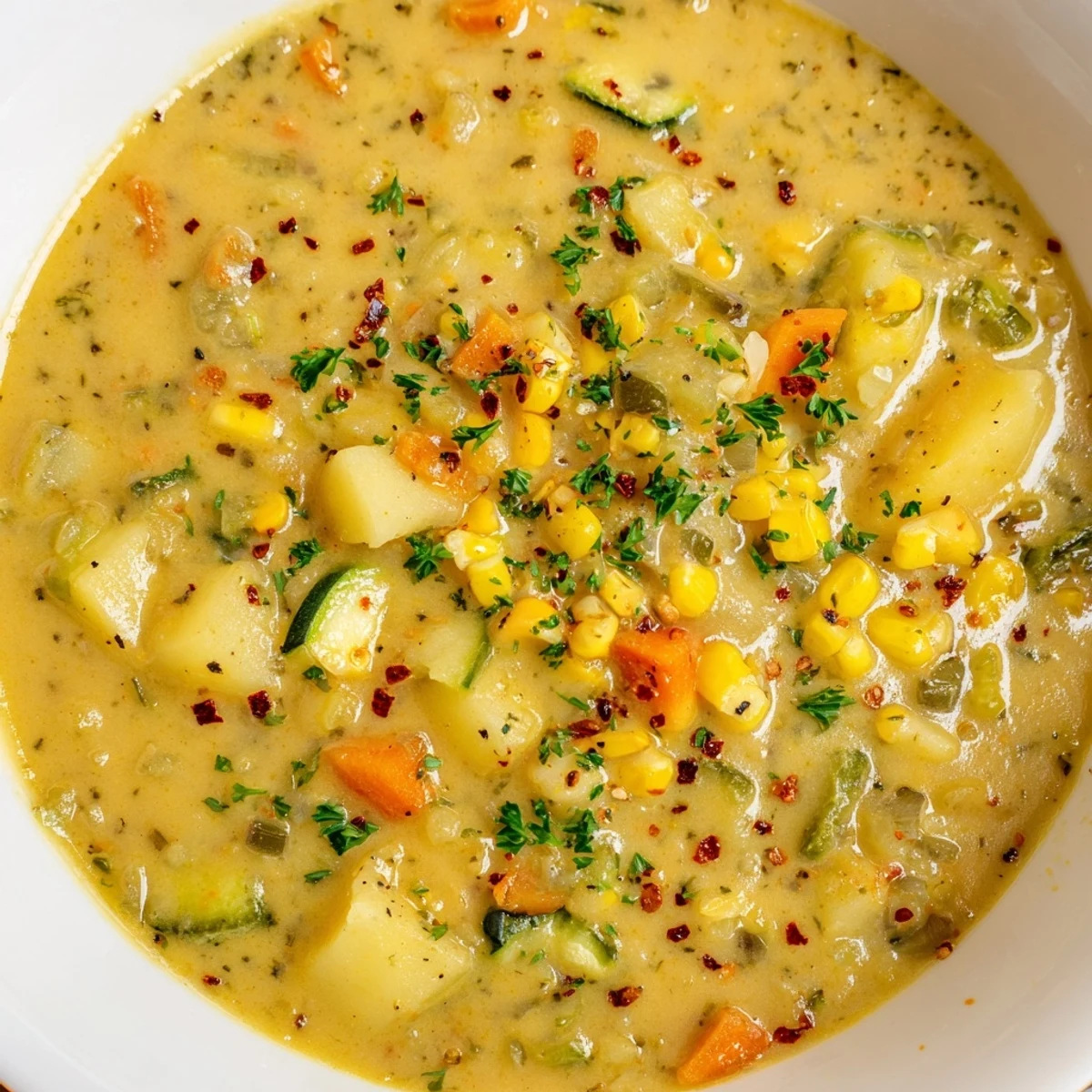Hearty potato corn zucchini soup brimming with tender vegetables in a rich, velvety broth