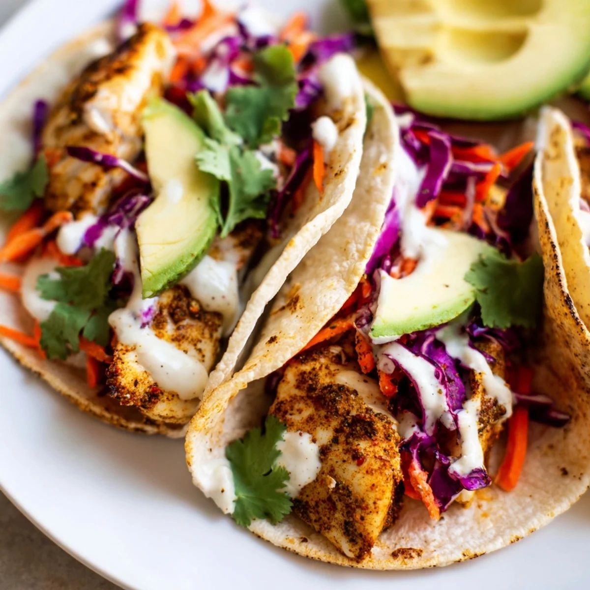 Warm tortillas filled with flaky tilapia fish tacos fresh slaw and tangy avocado crema drizzle