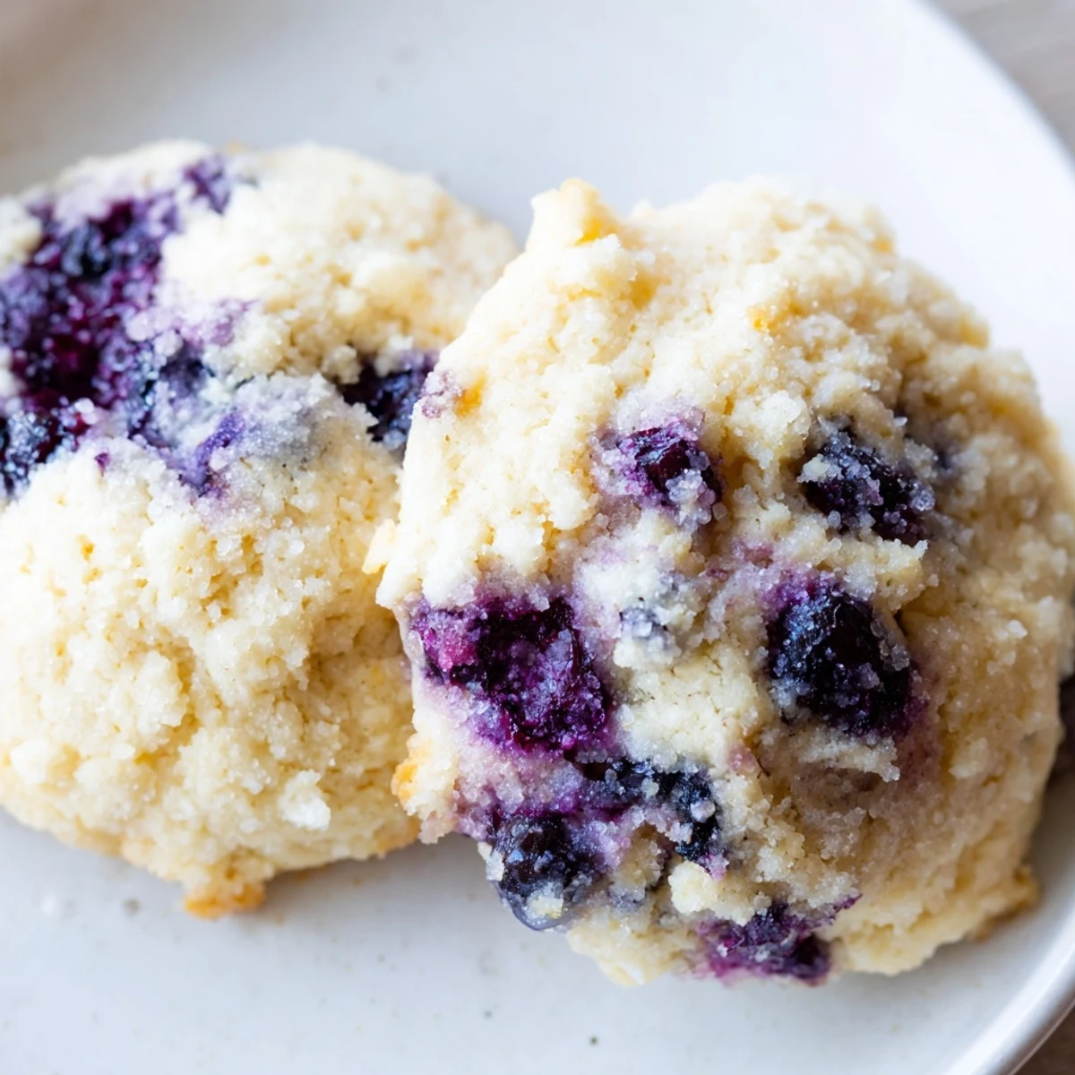 Soft blueberry muffin cookies with golden edges and juicy berries on a rustic baking sheet
