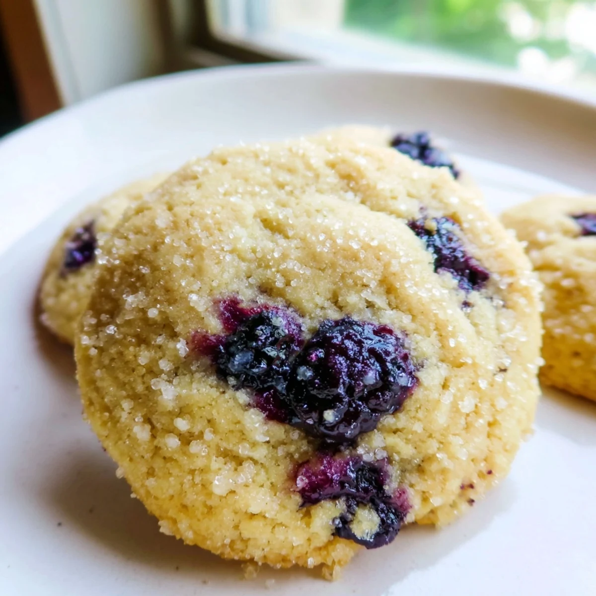 Fresh blueberry muffin cookies topped with sparkling sugar crystals on a white ceramic plate