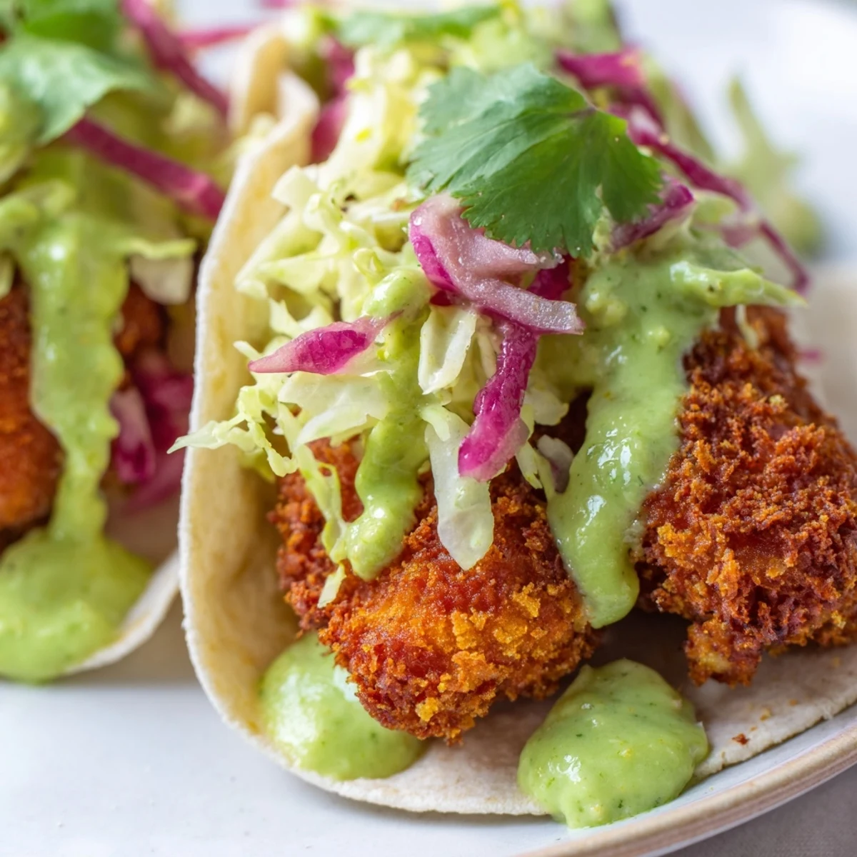 Golden crispy Baja fish tacos topped with tangy cabbage slaw and creamy avocado crema drizzle