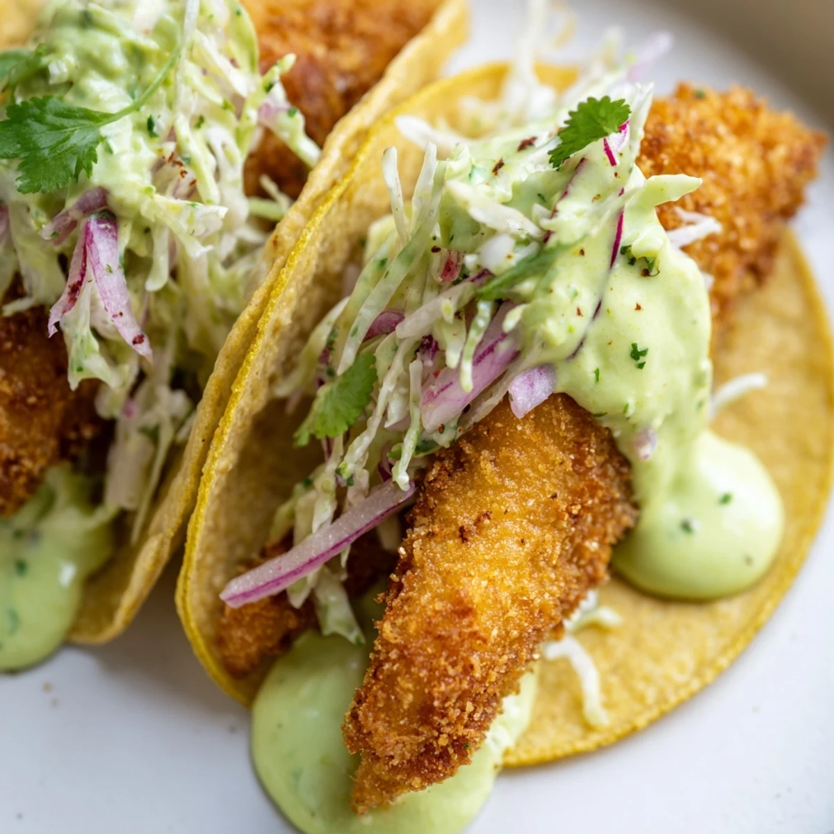 Baja fish tacos in warm corn tortillas with fresh slaw and green avocado sauce