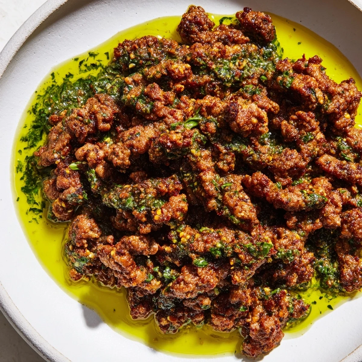 Sizzling spiced ground beef draped in bright green chimichurri sauce over fluffy white rice