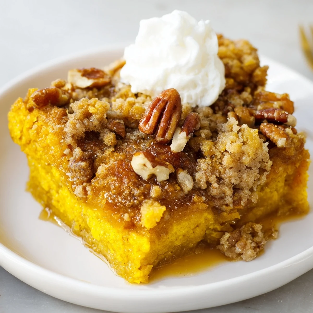 Golden pumpkin dump cake with a buttery crumb topping served warm in a baking dish