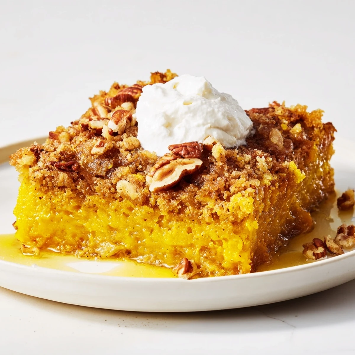 Warm slice of pumpkin dump cake topped with whipped cream on a rustic plate