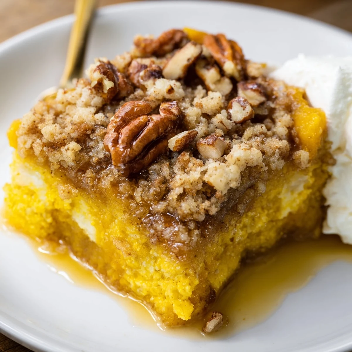 Creamy spiced pumpkin dump cake layered with golden cake mix and chopped pecans