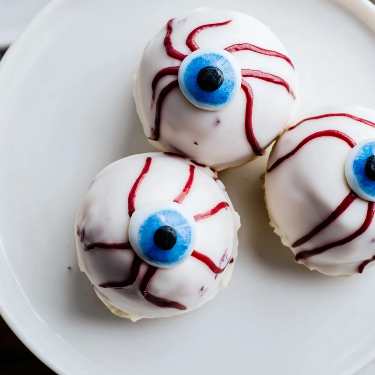 Creepy Halloween Cake Eyeballs coated in glossy white chocolate with spidery red veins