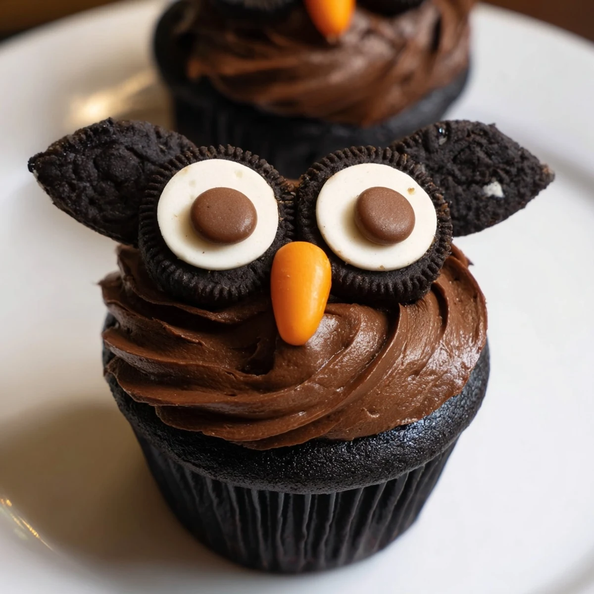 Charming Oreo Owl Cupcakes featuring twisted cookie eyes and colorful candy beaks on moist chocolate cake