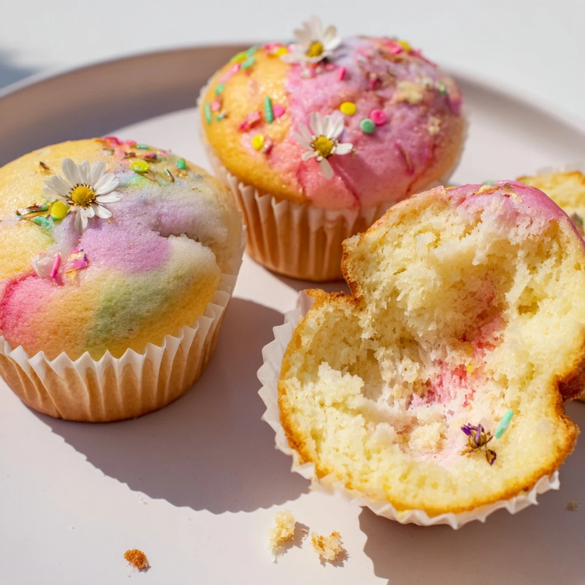 Fluffy steamed blooming cupcakes with cracked golden tops on a rustic plate