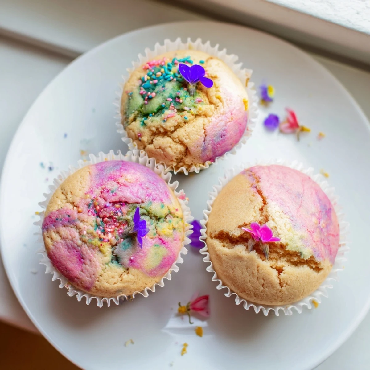 Soft steamed blooming cupcakes swirled with pastel colors served warm
