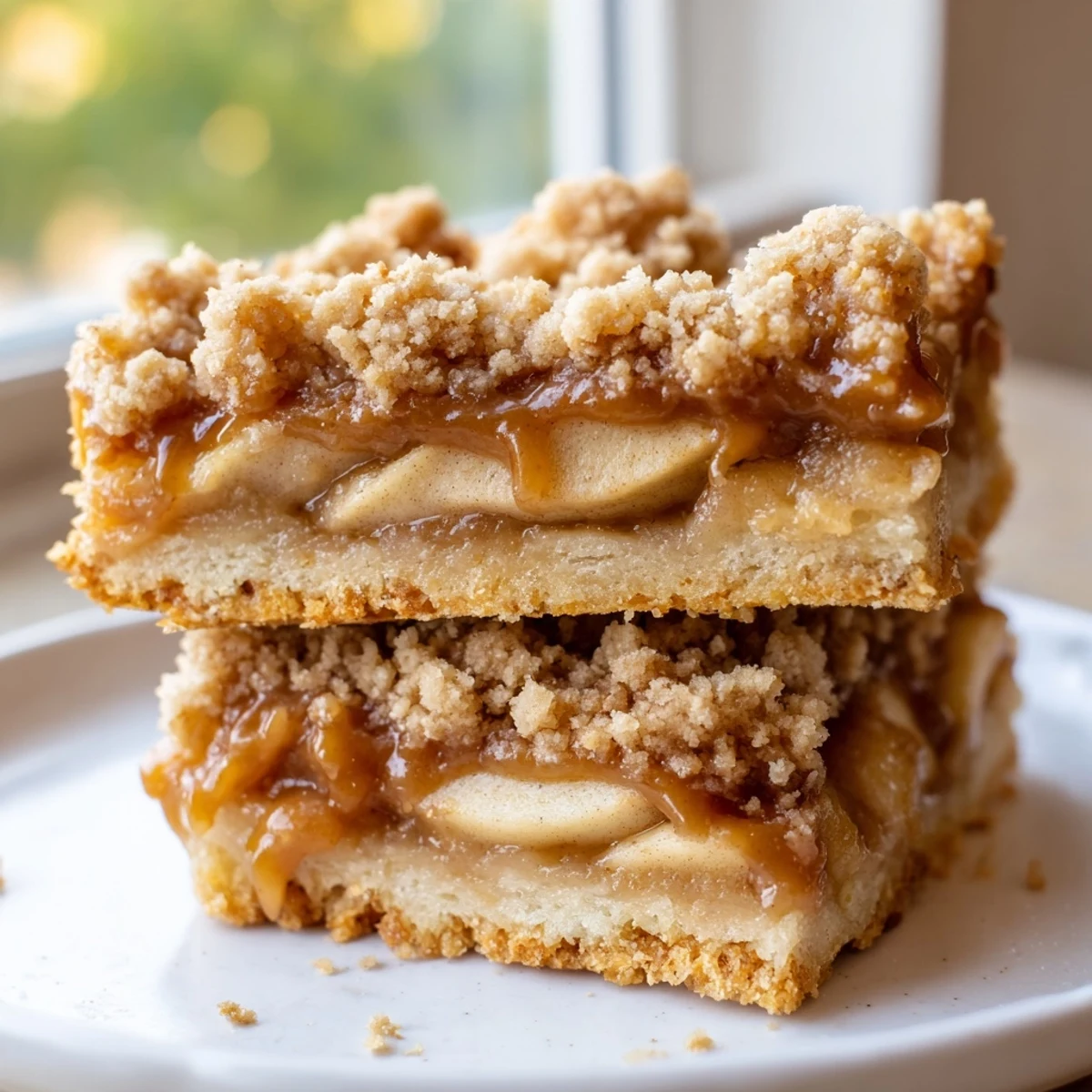 Golden caramel apple crumb bars with buttery streusel topping on a rustic plate