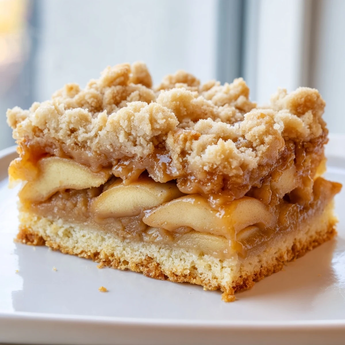 Warm caramel apple crumb bars sliced to reveal tender cinnamon apple filling