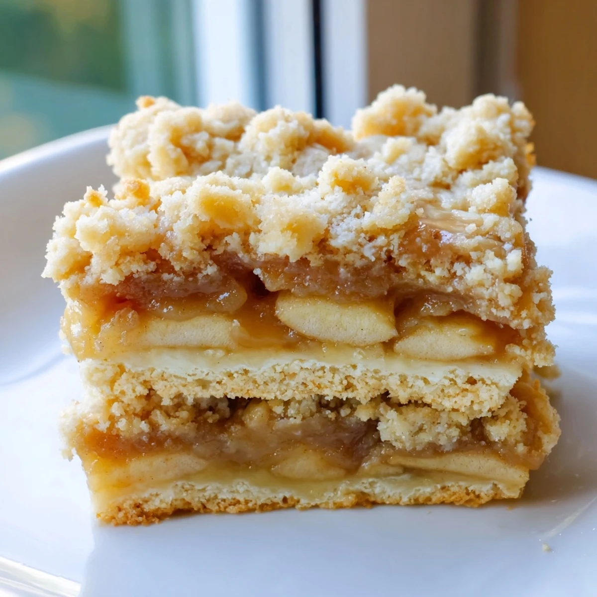 Chewy caramel apple crumb bars drizzled with extra caramel and dusted with cinnamon