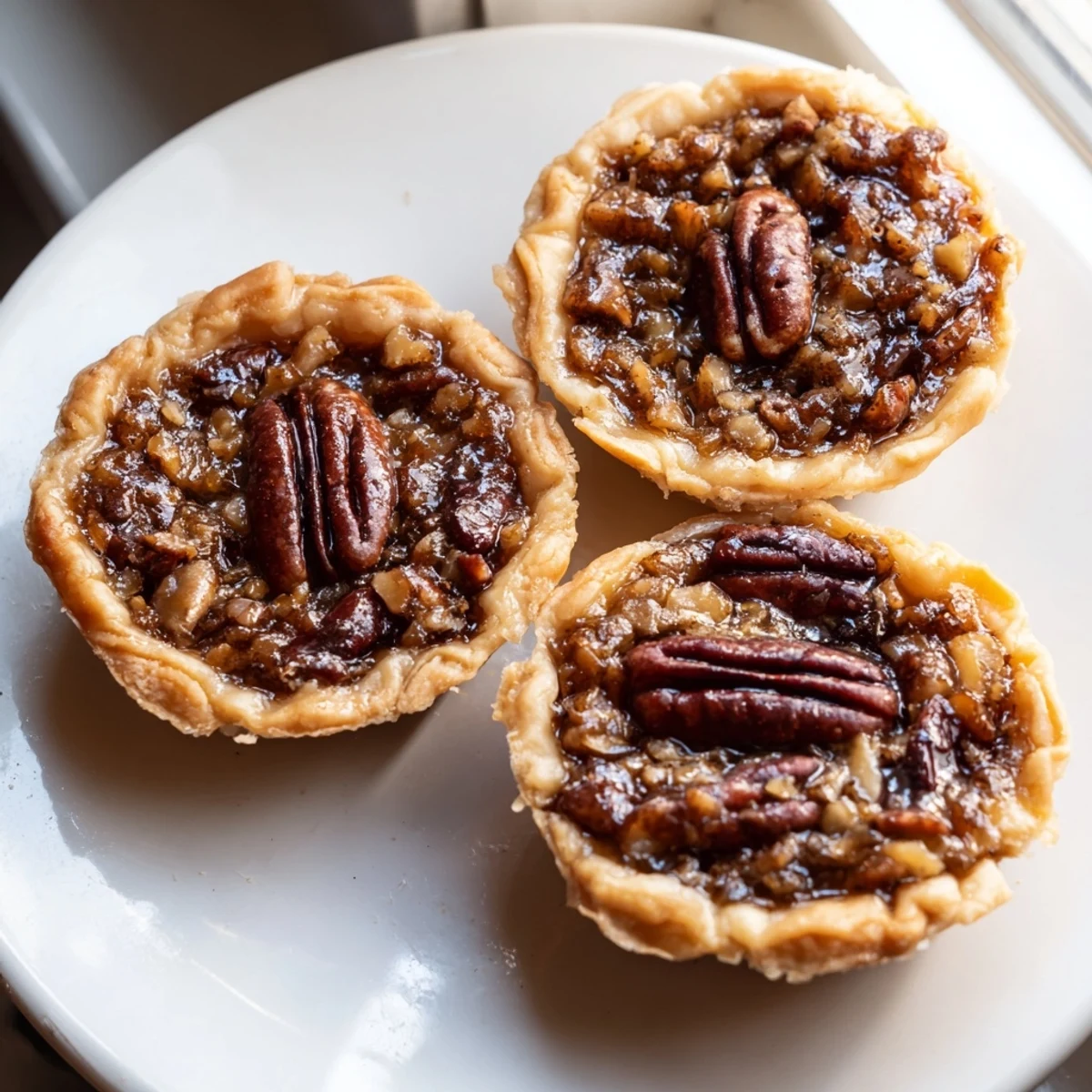 Golden mini pecan pies with gooey caramel filling in flaky buttery crusts on a wire rack