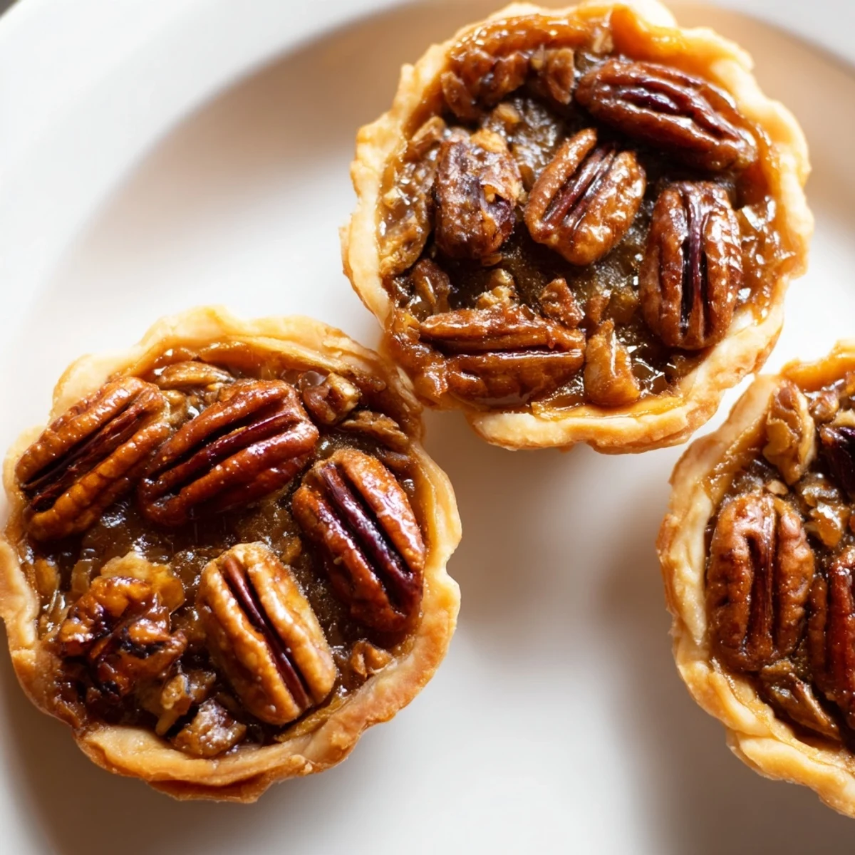 Mini pecan pies fresh from the oven with glossy pecan filling in crisp pastry shells